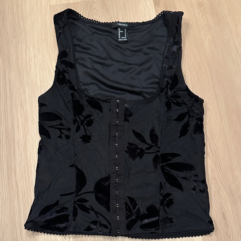 Black Velvet Accents Floral Corset Top